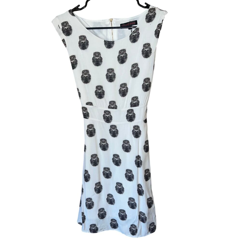 NWOT Cute Owl Print Fit & Flare Dress Women’s Large White Black Sleeveless